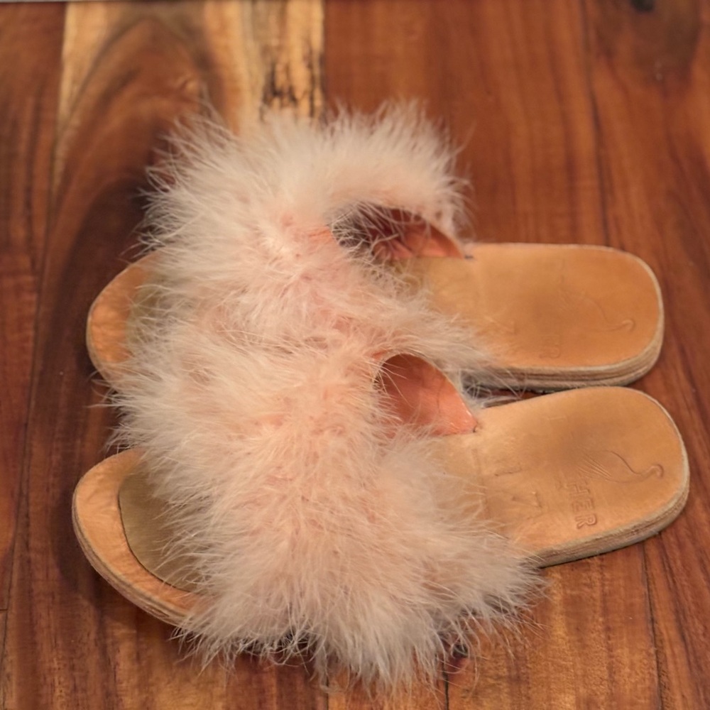 Brother vellies feather pink slides